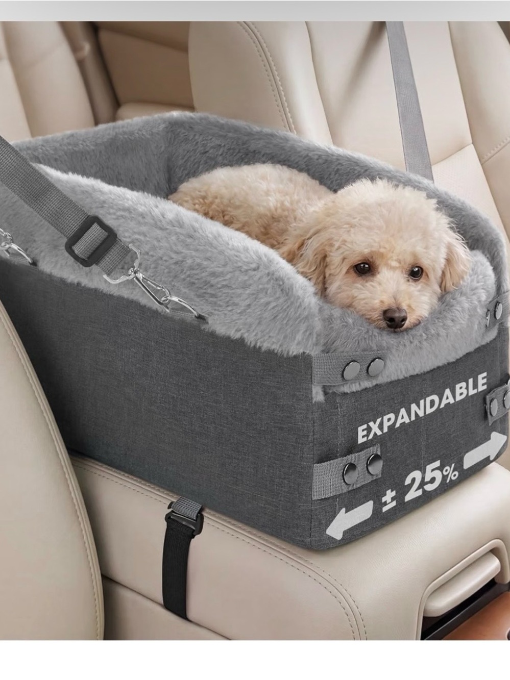 Gray Expandable Dog Car Booster Seat with Plush Lining
